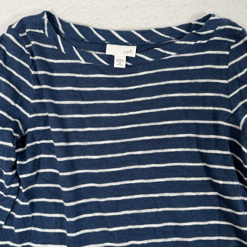 J Jill Shirt Womens XS Petite Navy Blue White 3/4 Sleeve Striped Linen Blouse